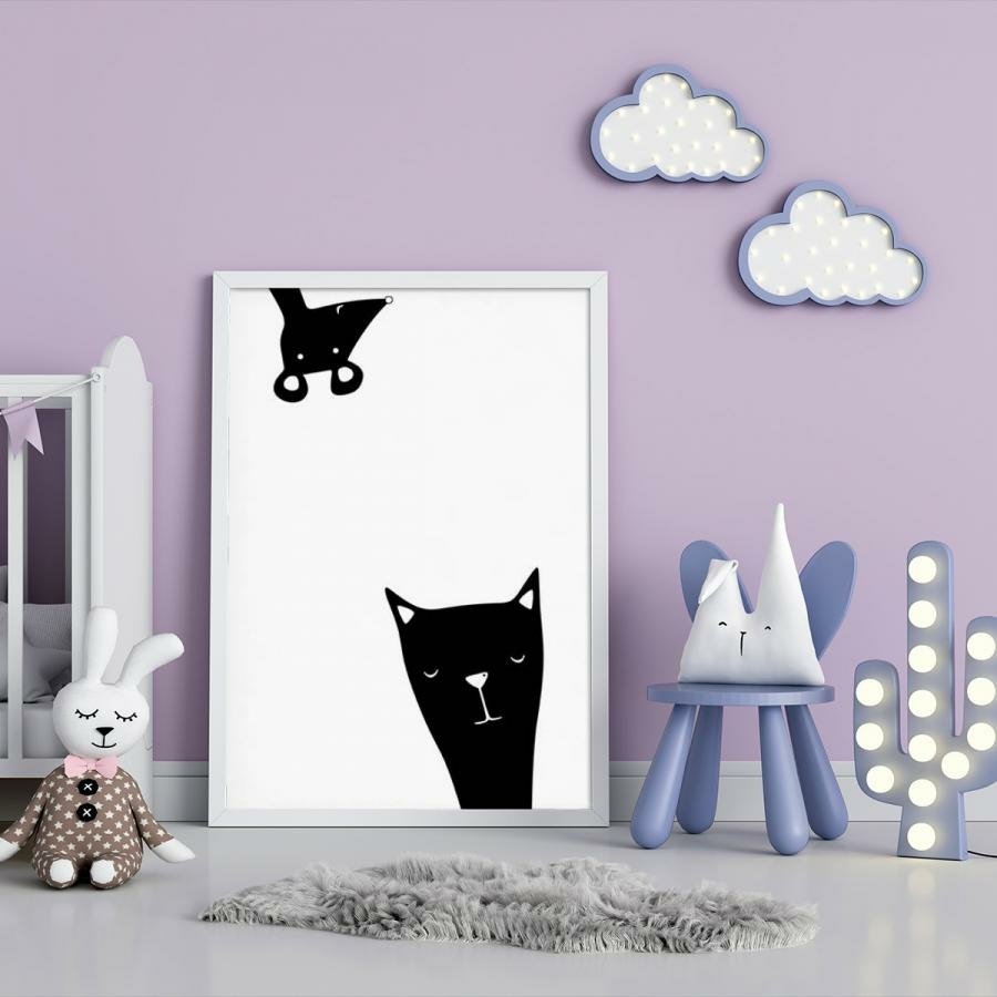 Quadro Decorativo Pet Desenhos de Gatos em Preto e Branco com Moldura Branca  40x60cm