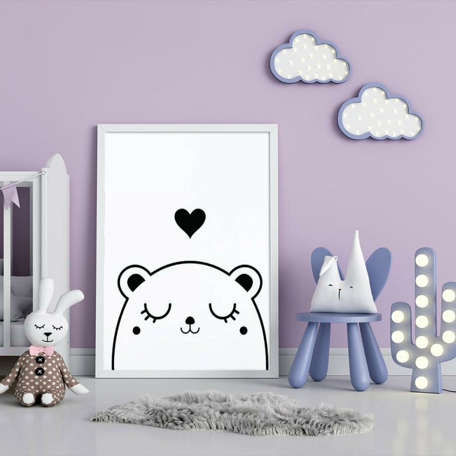 Placa Decorativa Infantil Desenho Urso Fofo Preto e Branco