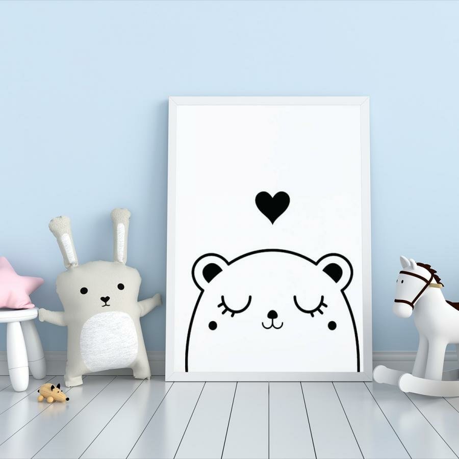 Placa Decorativa Infantil Desenho Urso Fofo Preto e Branco