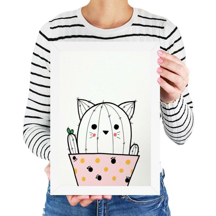 Quadro Infantil Desenho Cacto Gato Cat Menina Rosa