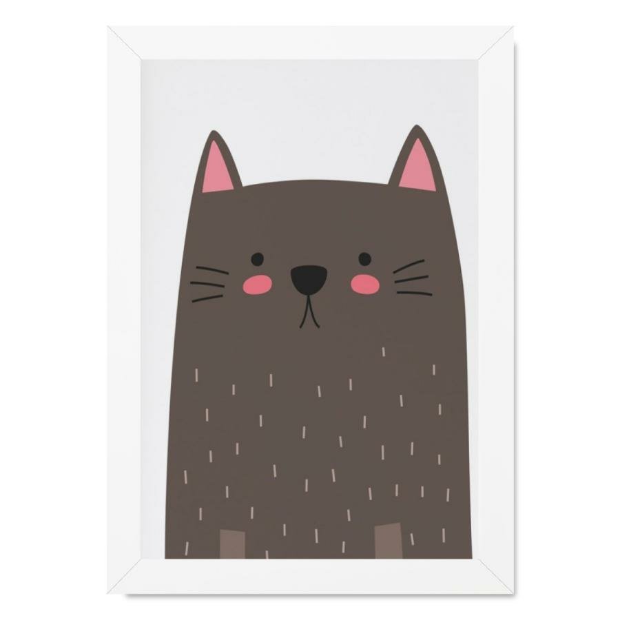 Quadro Decorativo Pet Desenhos de Gatos em Preto e Branco com Moldura Branca  40x60cm