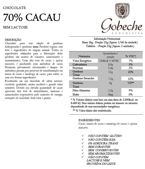 GOTAS DE CHOCOLATE AO LEITE DE COCO 70% CACAU C/ AÇÚCAR MASCAVO S/ GLÚTEN S/ LACTOSE | 100g | GOBECHE CHOCOLATES - comprar online