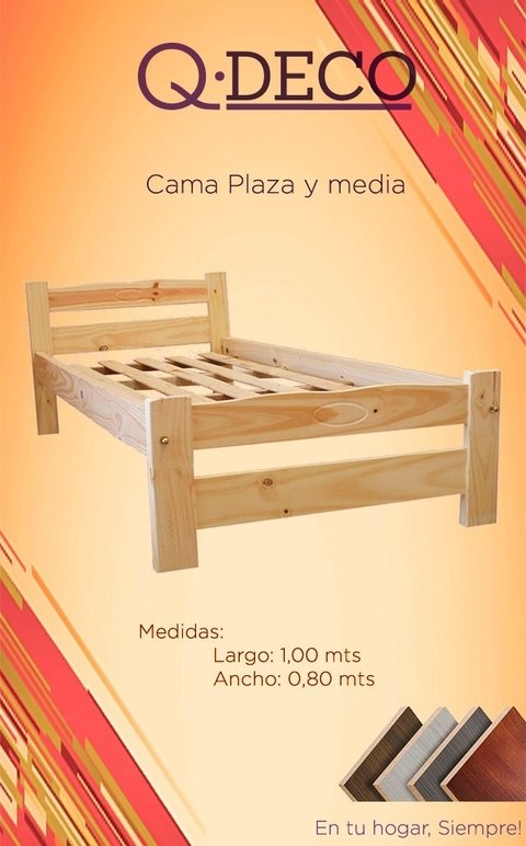Cama 1 Plaza y Media de Pino 1.00x1.90 Mts