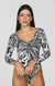 Black Leaf Print Double 3/4 Sleeve Swimsuit