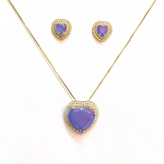 Conjunto de coração com pedra fusion lavanda folheado a ouro 18kl - comprar online