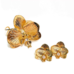 Conjunto de orquídea de brincos e bracelete