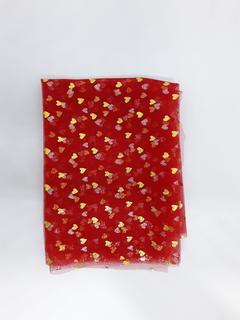 Tule Vermelho com corações Dourado - 1 metro x 35 cm - TT001