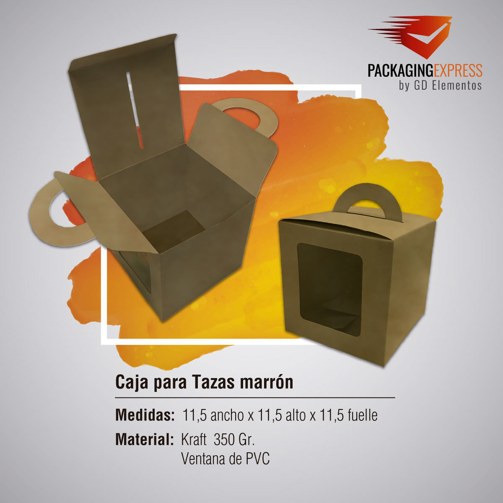 Caja para Tazas, Regalos Con Manija y Visor de PVC. Kraft Marrón