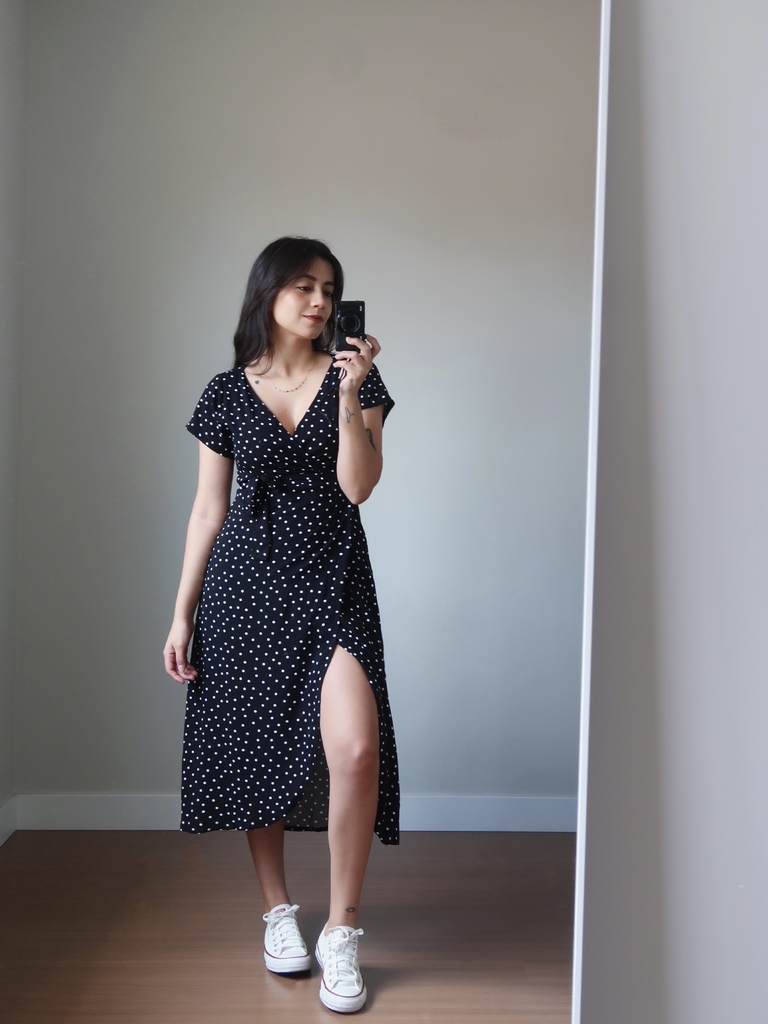 Vestido Envelope Poá Midi Viscose - Chaneco