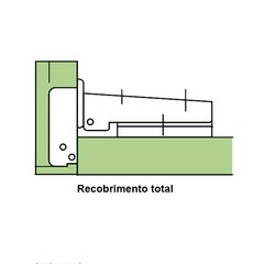 Dobradiça caneco grande, embutida.  Acabamento: Niquelado Observação: Porta sobreposta, recobrimento total