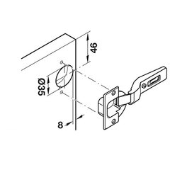 Conjunto de fixação para portas (dobradiças), sem painel intermediário, para portas embutidas de 16 - 19mm.  Composição do kit: - 2 dobradiças ocultas, ângulo de abertura de 95°, curva de 8 mm - 4 parafusos de fixação para dobradiças ocultas, 5 x 15 mm - 