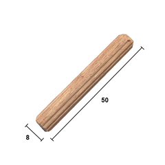 Tarugo ou cavilha de madeira.  Detalhes  Estriado  Unidade:  CENTO  Dimensional: 8x50mm Acabamento: Madeira Observação: Vendido em pacote com 100 peças