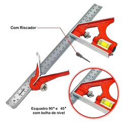 - Cabo de ferro fundido com Nível.  - Acabamento em verniz para resistir a corrosão.  - Números com gravação em baixo relevo.  - Unidade de Medida: Milímetros.  - Permite medição lineares, esquadrejamento, traçagem e nivelamento, tudo de forma combinada e