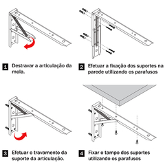 Suporte para prateleira ou bancada dobrável (rebatível tipo KROK).  Unidade: PAR Dimensional: 500mm Acabamento: Epóxi Branco Observação: Capacidade de carga: 50kg/par