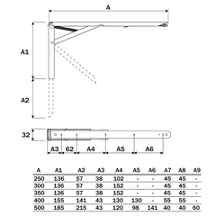 Suporte para prateleira ou bancada dobrável (rebatível tipo KROK).  Unidade: PAR Dimensional: 500mm Acabamento: Epóxi Branco Observação: Capacidade de carga: 50kg/par