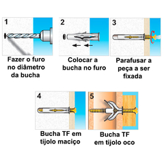 Bucha para tijolo furado/oco, tijolo baiano, bloco de concreto.  • Ideal para uso em paredes de bloco oco, tijolo baiano, tijolo maciço, cimento, concreto. • Apresenta aletas e braços que fazem a bucha não girar dentro do furo. • Produzido em polietileno 