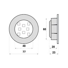 Spot LED, luz branca 6000º K, bivolt, 4,5 w. Diâmetro furo 60 mm, altura 18 mm  Unidade: PEÇA Dimensional: Diâmetro furo 60mm Acabamento: Escovado Observação: Luz branca 6000º k, bivolt