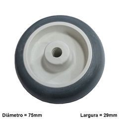 Roda de polipropileno/PVC.  Detalhes Utilizáveis em pisos de concreto liso, madeira, cerâmicos ou epoxi Dimensional: 3" Acabamento: Cinza Observação: Capacidade de carga 60 kg