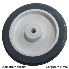 Roda de polipropileno/PVC  Detalhes Utilizáveis em pisos de concreto liso, madeira, cerâmicos ou epoxi Dimensional: 5" Acabamento: Cinza Observação: Capacidade de carga 90 kg