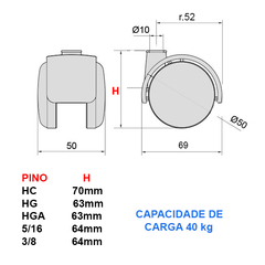 Rodízio giratório para móveis, rack, cadeiras, etc. Acabamento: Polipropileno cinza Observação: Capacidade de carga 40kg