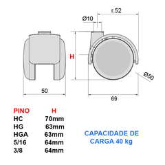 Rodízio giratório para móveis, rack, cadeiras, etc.  Acabamento: Polipropileno preto com pista em PU preta Observação: Capacidade de carga 40kg