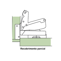 Dobradiça caneco grande, embutida, com amortecedor. Acabamento: Niquelado Observação: Porta com abertura de 165º, sobreposta, recobrimento parcial, com amortecedor