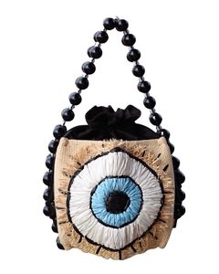 bolsa de palha costurada a mão com olho grego cor preto