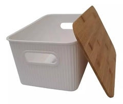 Canasto Organizador Caja Plástico Tapa Madera Nórdica Medium - Take it