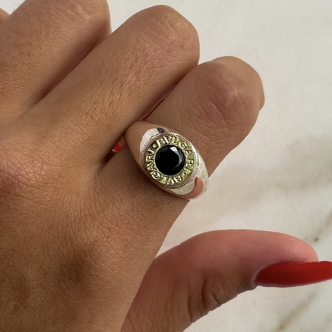 anillo bulgari con cubic negro plata y oro cod an440