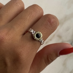 anillo bulgari con cubic negro de plata y oro cod an434