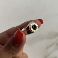 anillo bulgari con cubic negro plata y oro cod an440