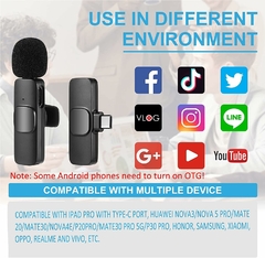 Microfone de Lapela Sem Fio Tipo - C+ Adptador para Ligthn 2 peças Microfone de lapela sem fio Bateria 5 horas MT-2217 - comprar online