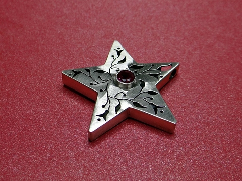 D285 Pingente Estrela de Prata com Vazado Floral e Zircônia Vermelha