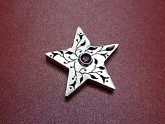 D285 Pingente Estrela de Prata com Vazado Floral e Zircônia Vermelha