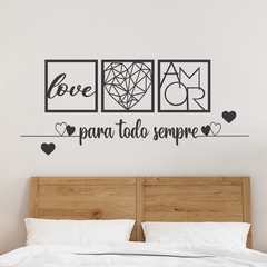 KIT 3 Quadros Para todo Sempre, Love e Coração Geométrico Amor + 2 Mini Apliques de Coração Frase de Parede Religioso MDF Preto C/Dupla Face