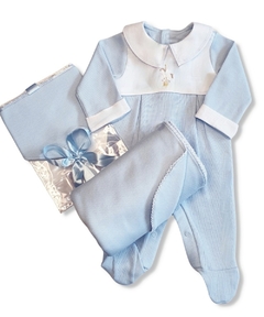 Saída Maternidade Bebê - Macacão Gola Social- 100% Algodão Sustentável - Malha Inglesa - 03 peças - Cavalinho Azul Bebê na internet
