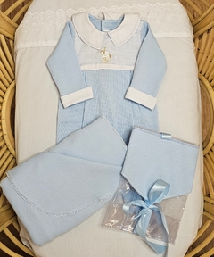 Saída Maternidade Bebê - Macacão Gola Social- 100% Algodão Sustentável - Malha Inglesa - 03 peças - Cavalinho Azul Bebê