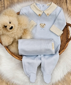Saída Maternidade Bebê - Teddy Bear Avelã- Tricotil- 100% Algodão - Azul Bebê - 02 peças