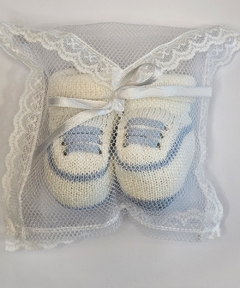 Sapatinho Bebê Sport - Tricot - Branco com Azul