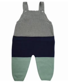 Jardineira tricot bebê- sem pé - Color Block - Cinza, Verde e Azul