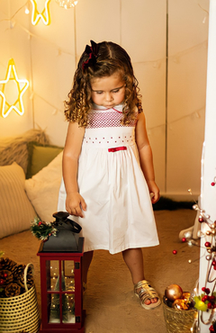 Vestido Infantil Manoela - Casinha de Abelha - Branco com Vermelho - Little Bloom - Roupas e Pijamas para Bebês e Crianças