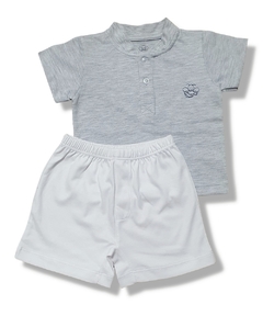 Pijama Infantil Curto - 100% Pima - Botões - Short Branco e Blusa Cinza Mescla