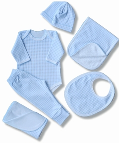 Kit Maternidade Bebê Vichy Azul- 100% Pima - 06 peças