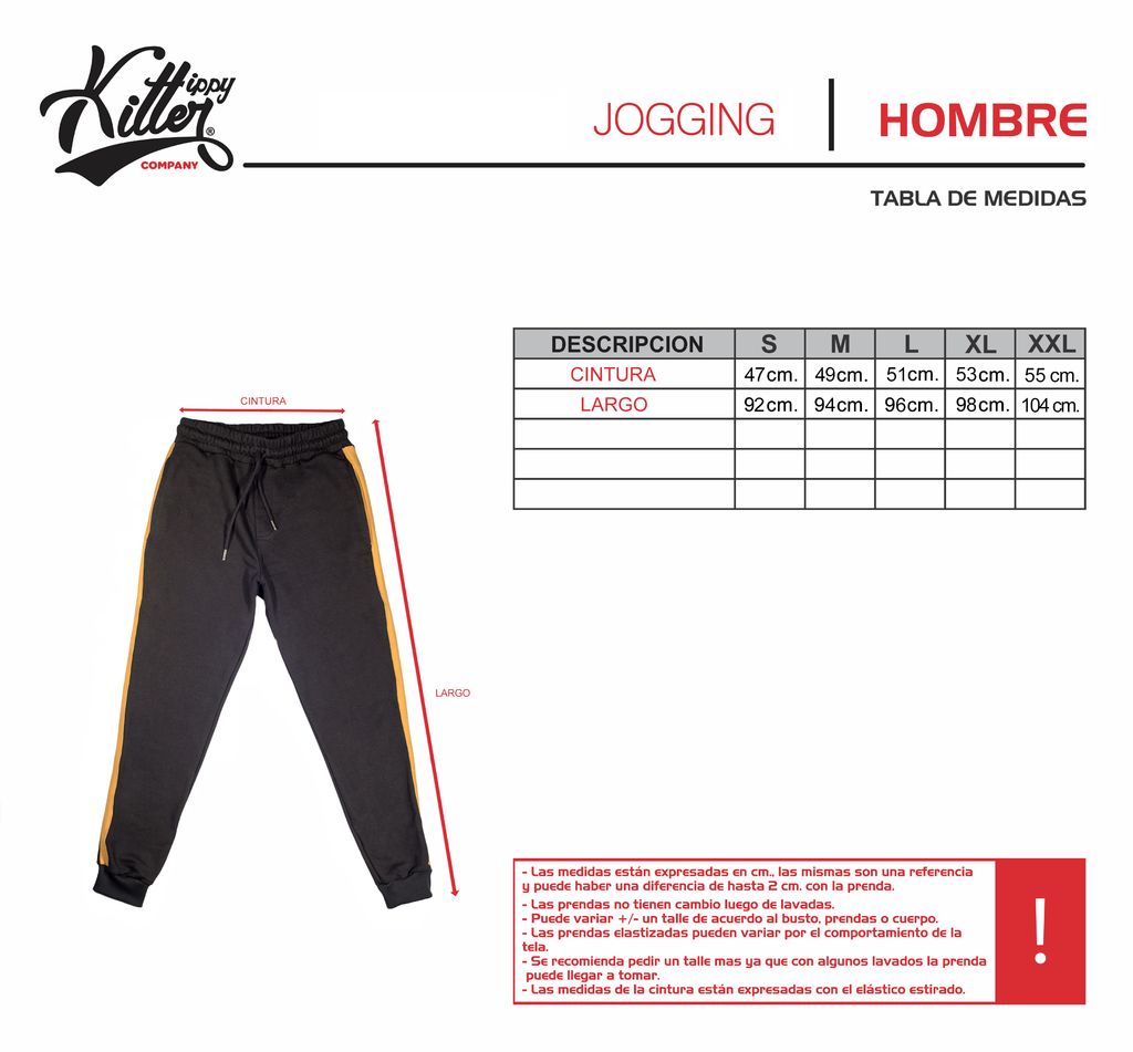 Tabla de talles Joggins hombre. - Hippy Killer