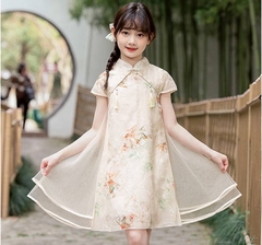 Vestido Infantil Floral com Tule e Pingente - Creme - Kimonos Liberdade