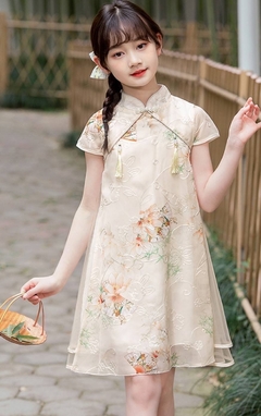 Vestido Infantil Floral com Tule e Pingente - Creme - comprar online