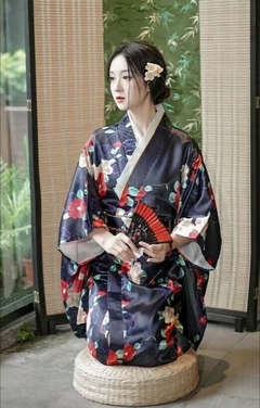 Yukata Feminina adulto Azul Marinho Floral