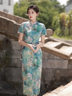 Vestido Longo ( Qpao) Jardim Oriental - Verde