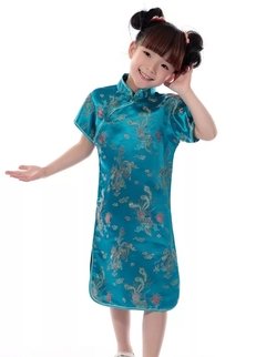 Vestido Infantil Com Estampa De Dragão E Fênix - Azul Turquesa