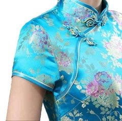 Vestido Oriental Longo Azul Flor Da Fortuna